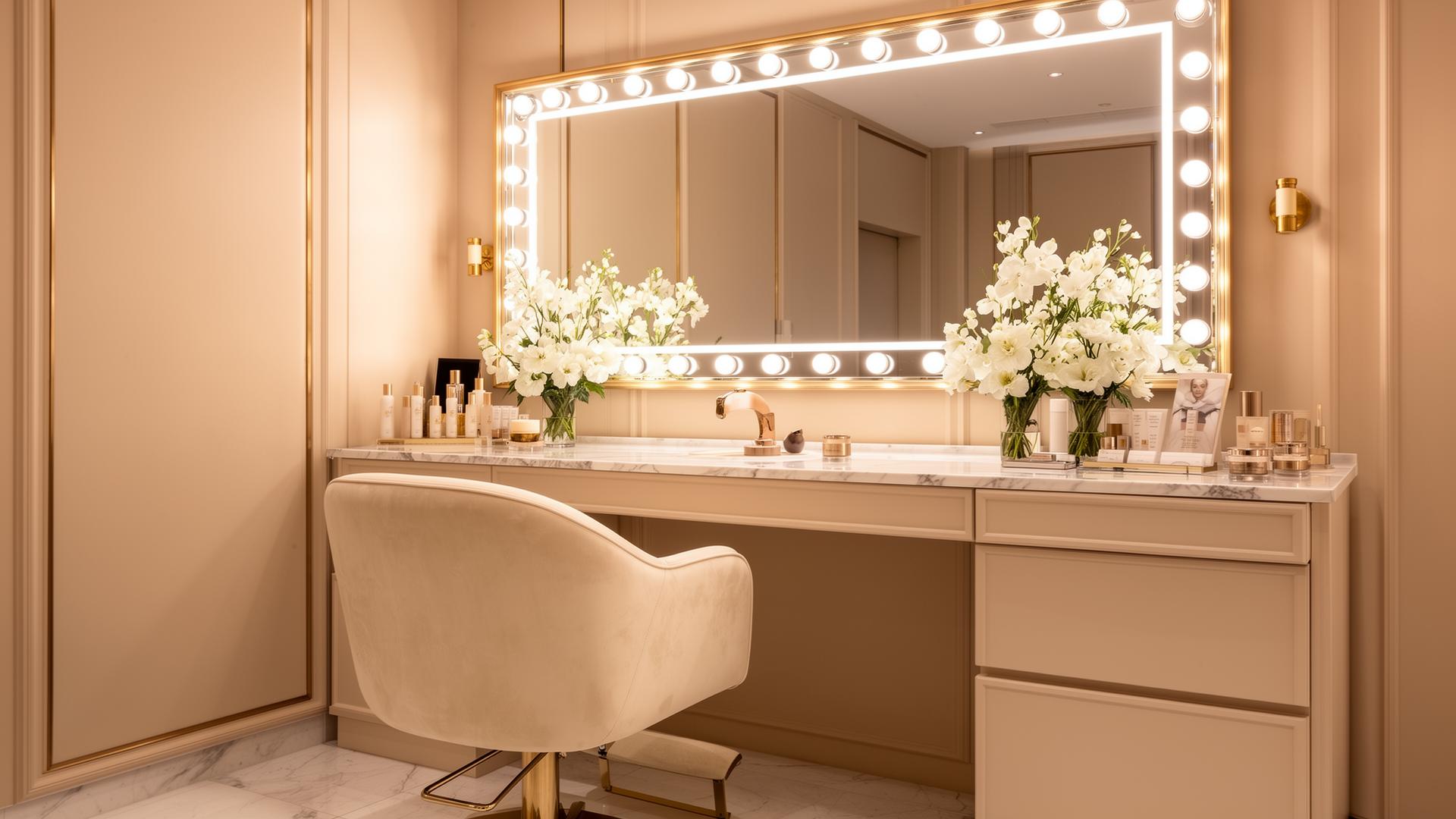 A-LIST BEAUTY luxury studio interior with illuminated vanity mirror